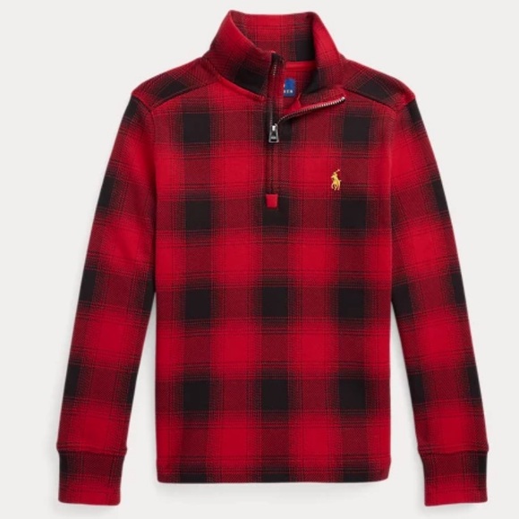 Polo Ralph Lauren Boys Red Check Cotton Quarter Zip Pullover Size Medium Holiday - Picture 1 of 5